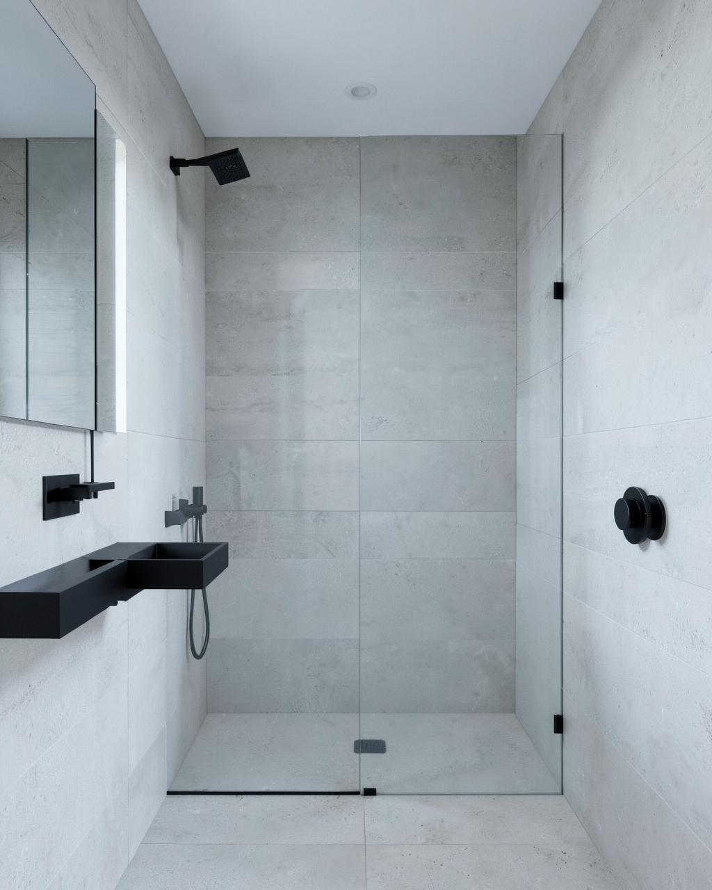 Minimalist renovated bathroom with matte black fixtures and pale stone tiles